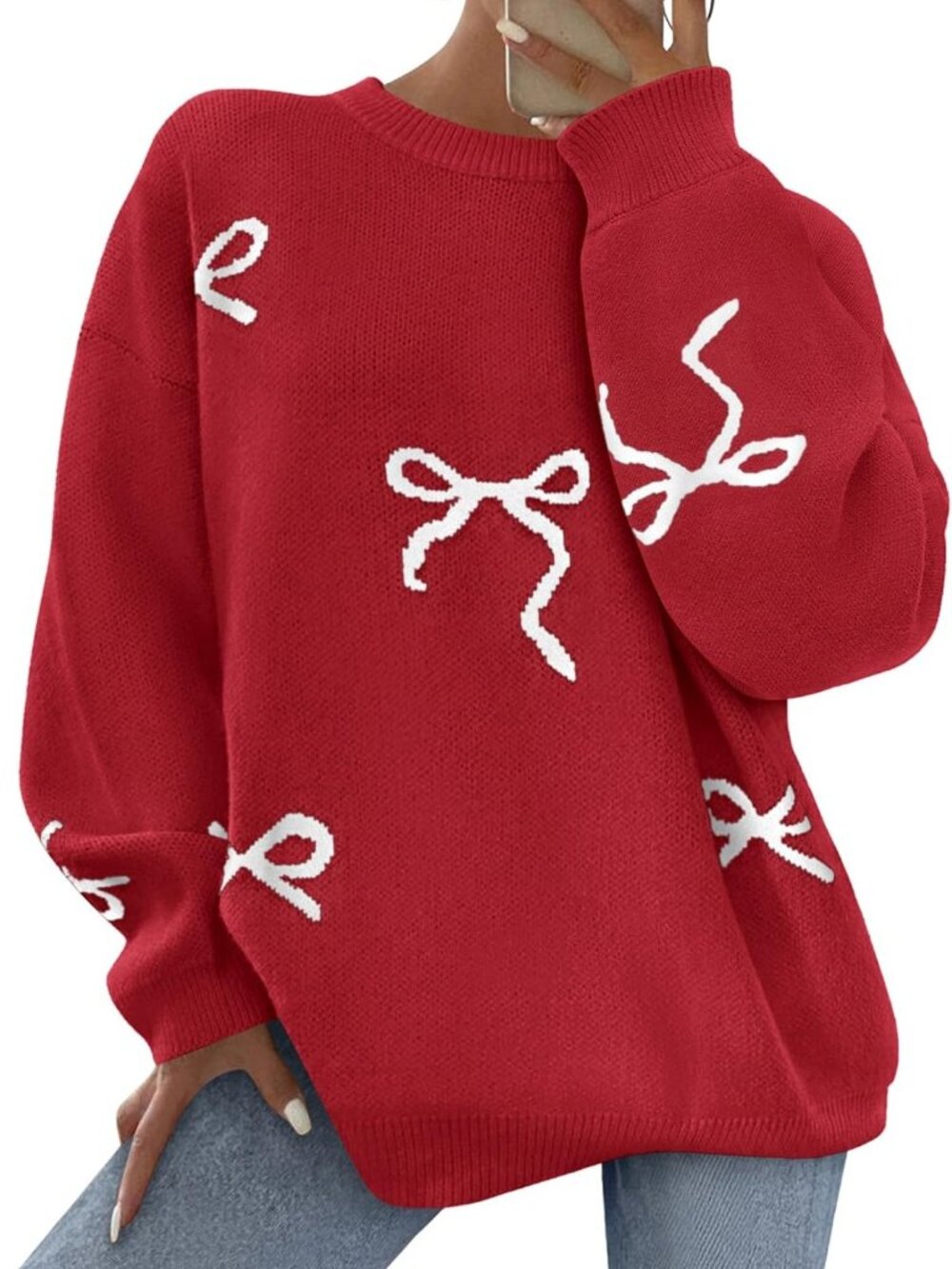 Cute Bow Oversized Sweater for Women | Long Sleeve Cozy Knit Top